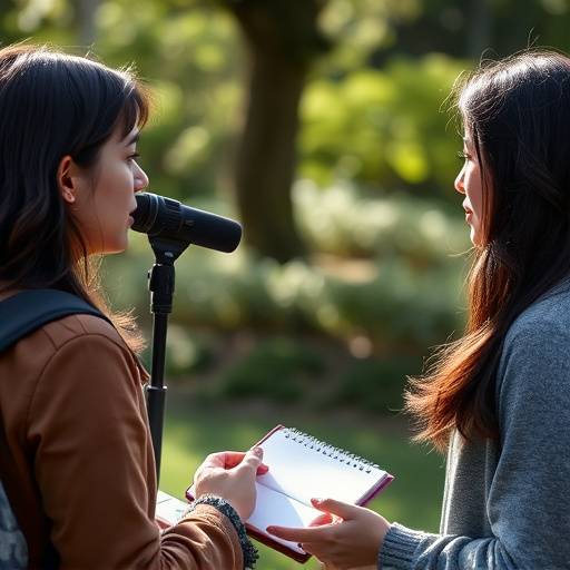 Bilde av en student som intervjuer en kilde med mikrofon og notatblokk