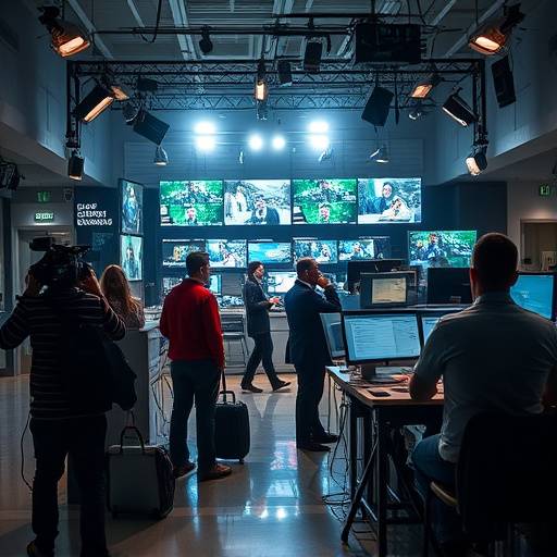 Bilde av et travelt nyhetsrom med journalister som jobber